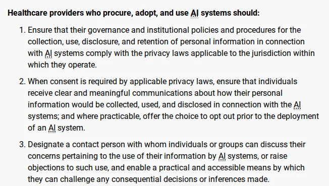Calls to action 1 to 3 for healthcare providers who procure, adopt, and use AI systems: comply with applicable privacy laws, offer the choice to opt out prior to deployment where practicable, and designate a contact person