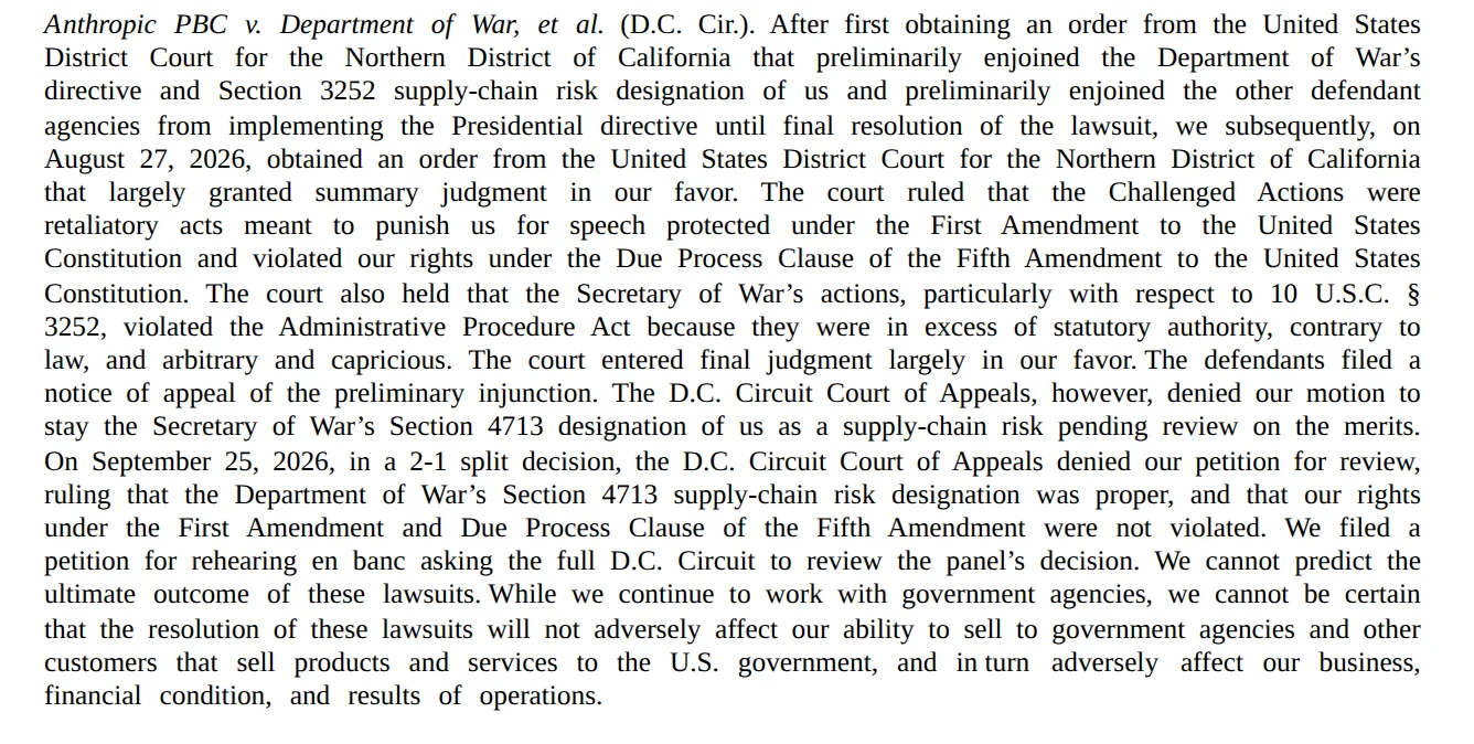 Anthropic S-1 legal proceedings: on September 25, 2026 the D.C. Circuit ruled 2-1 that the Section 4713 supply-chain risk designation was proper; Anthropic filed for rehearing en banc