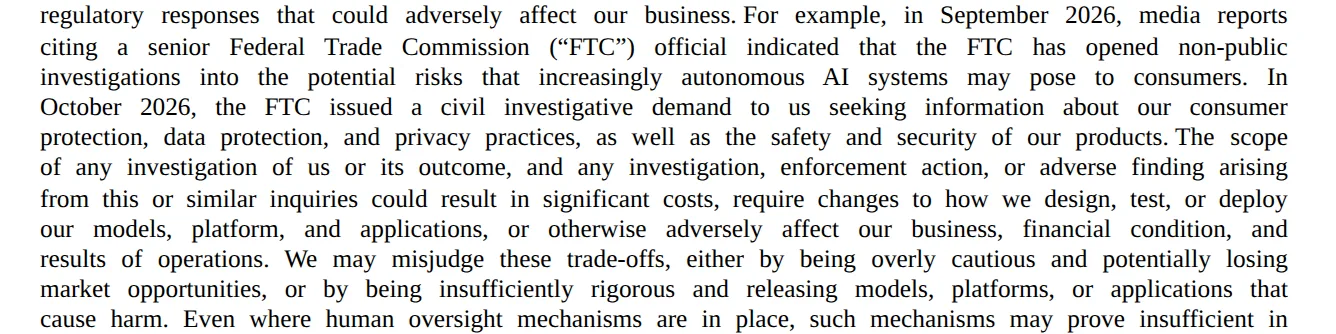 Anthropic S-1 risk factor: in October 2026 the FTC issued a civil investigative demand seeking information about consumer protection, data protection, privacy, safety and security