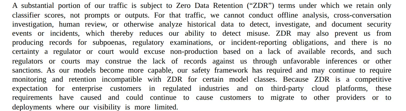 Anthropic S-1 risk factor on zero data retention: ZDR may prevent producing records, and the safety framework has required retention incompatible with ZDR for certain model classes