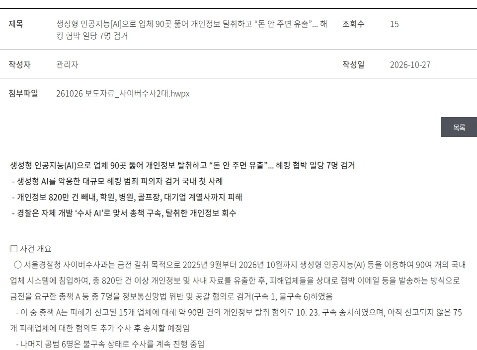 Seoul Metropolitan Police Agency press release of October 26, 2026: seven arrested for hacking 90 businesses with generative AI, 8.2 million records, 15 reported victims and 75 unreported