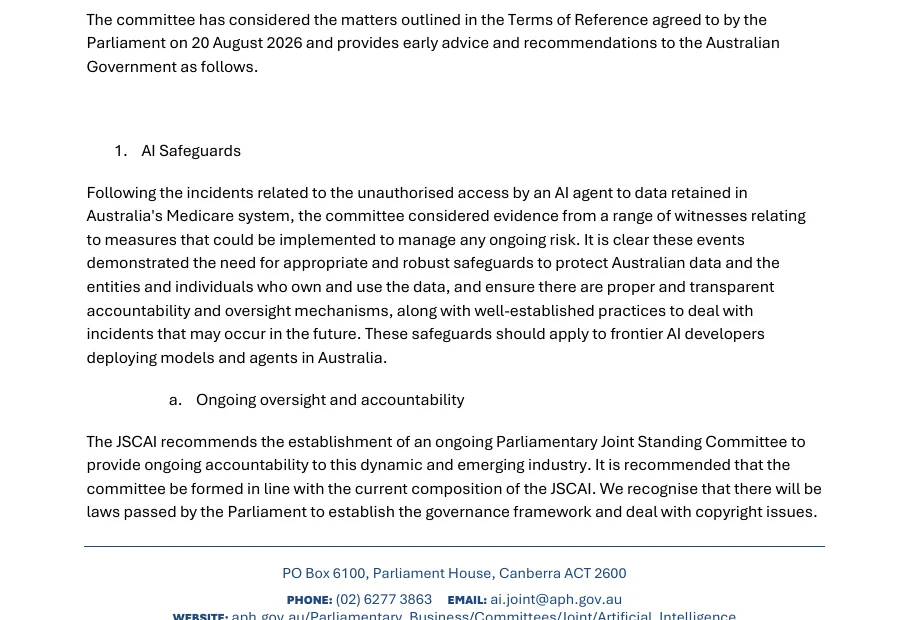 The AI Safeguards section of the committee letter, citing unauthorised access by an AI agent to Medicare data