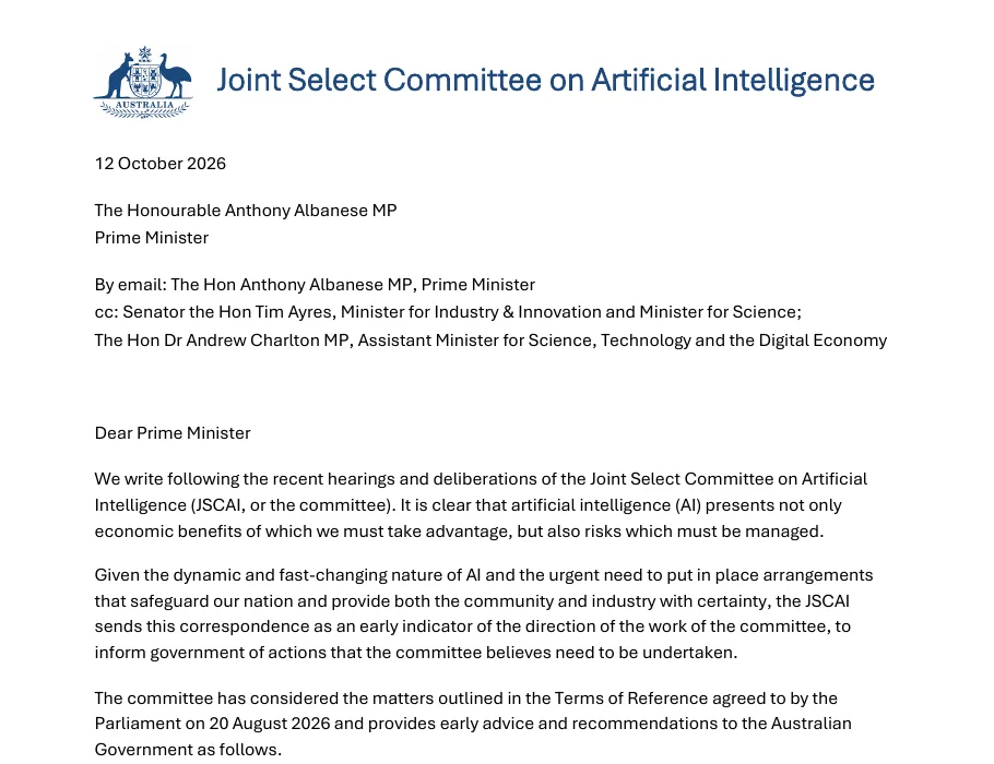 Page 1 of the Joint Select Committee on Artificial Intelligence letter to Prime Minister Anthony Albanese, dated 12 October 2026