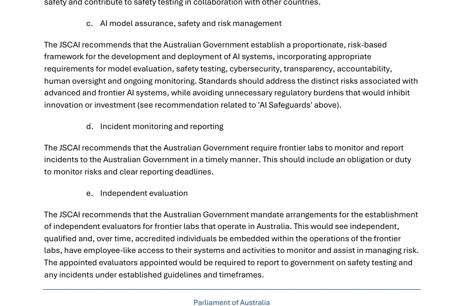 Sections 1c to 1e of the committee letter, on AI model assurance, incident monitoring and reporting, and independent evaluation