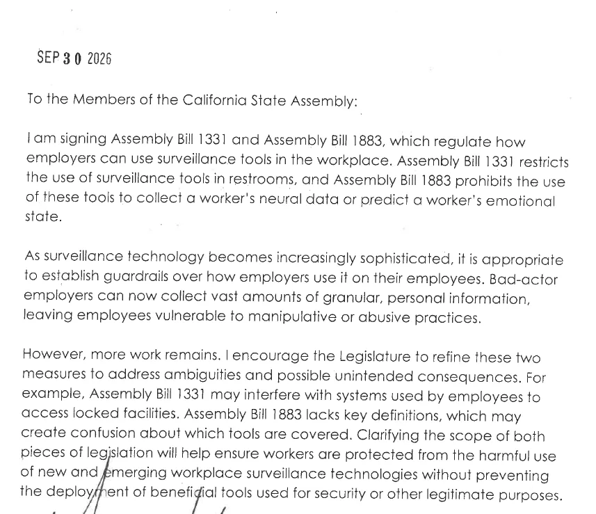Scan of Governor Newsom's September 30, 2026 letter signing AB 1331 and AB 1883 and asking the Legislature to refine both