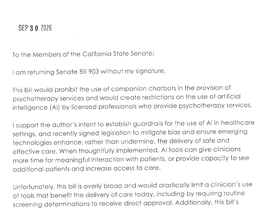 Scan of Governor Newsom's September 30, 2026 letter returning SB 903 without his signature, calling the bill overly broad