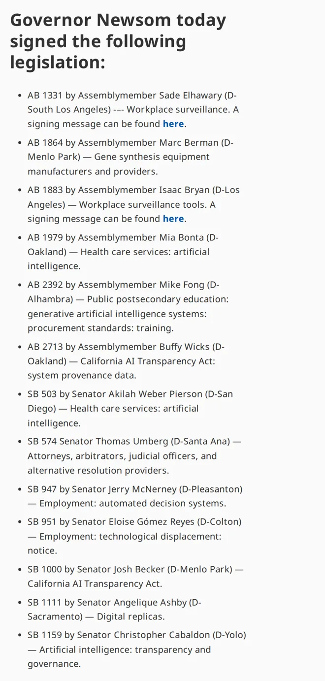 Screenshot of the Governor's September 30, 2026 release listing the 13 bills signed that day, from AB 1331 to SB 1159