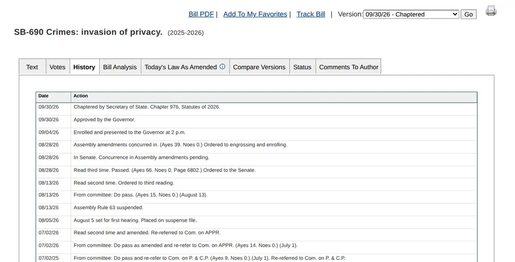 California Legislative Information history page for SB-690: approved by the Governor and chaptered by the Secretary of State on 09/30/26, Chapter 976, Statutes of 2026; Assembly passage 66-0 and Senate concurrence 39-0 on 08/28/26