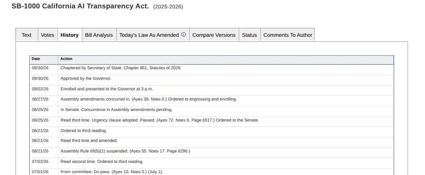 California Legislative Information bill history for SB 1000, chaptered as Chapter 861 and approved by the Governor on September 30, 2026
