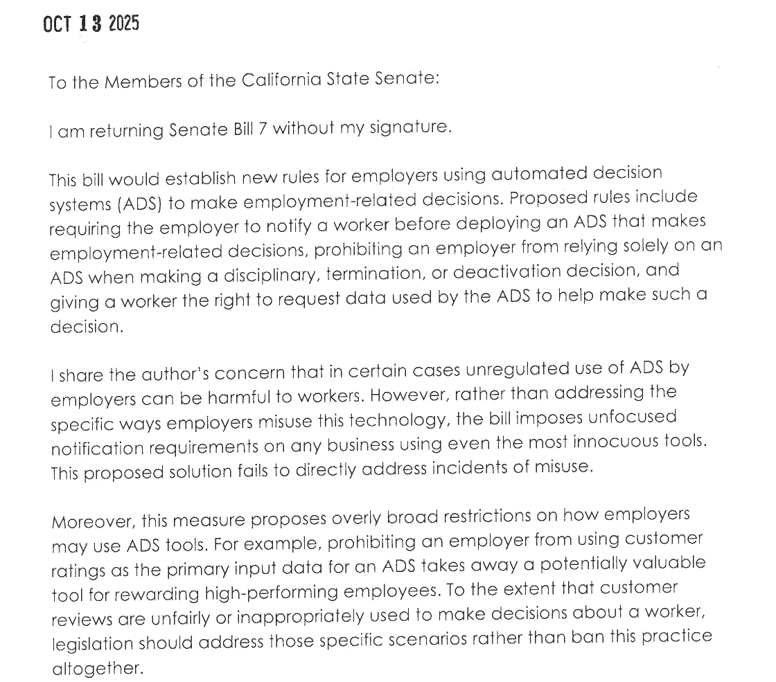 Governor Newsom's October 13, 2025 letter returning SB 7 without his signature