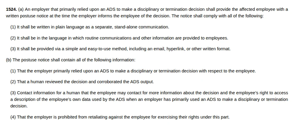 Section 1524 of SB 947 as chaptered, listing the timing and the four required contents of the ADS post-use notice