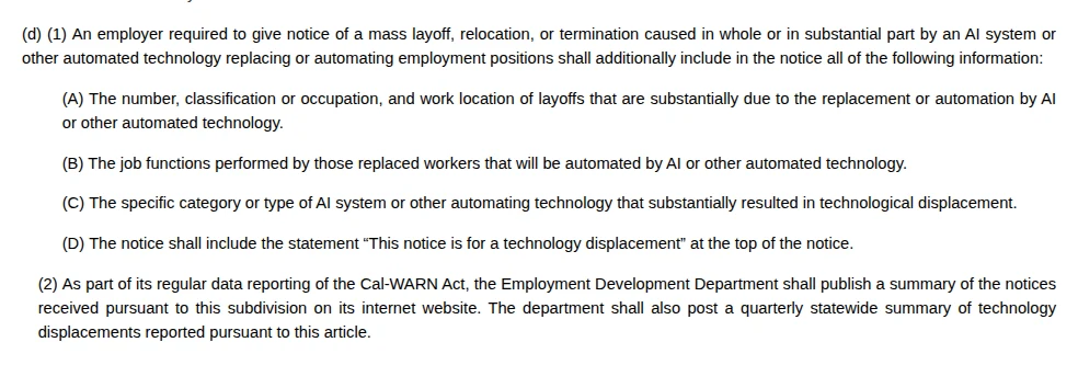 Labor Code Section 1401(d) as amended by SB 951, with the technology displacement fields and the EDD publication duty