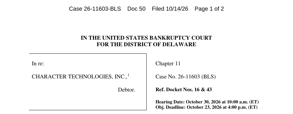 Notice of hearing on the Character.AI bidding procedures motion, showing the October 30, 2026 hearing date and October 23, 2026 objection deadline