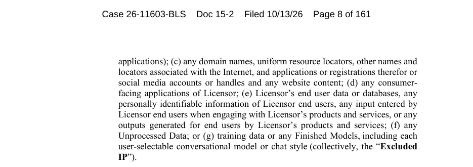 Section 3.2 of Disney's license agreement in the Character.AI sale motion, listing end user data, user inputs and outputs, training data and finished models as Excluded IP