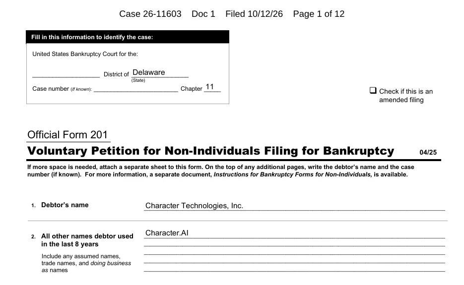 Page 1 of the voluntary Chapter 11 petition filed by Character Technologies, Inc. (Character.AI) in Delaware, Case 26-11603