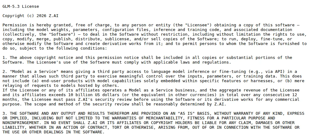 GLM-5.3 licence text on Hugging Face showing the security review clause for large model-as-a-service hosts