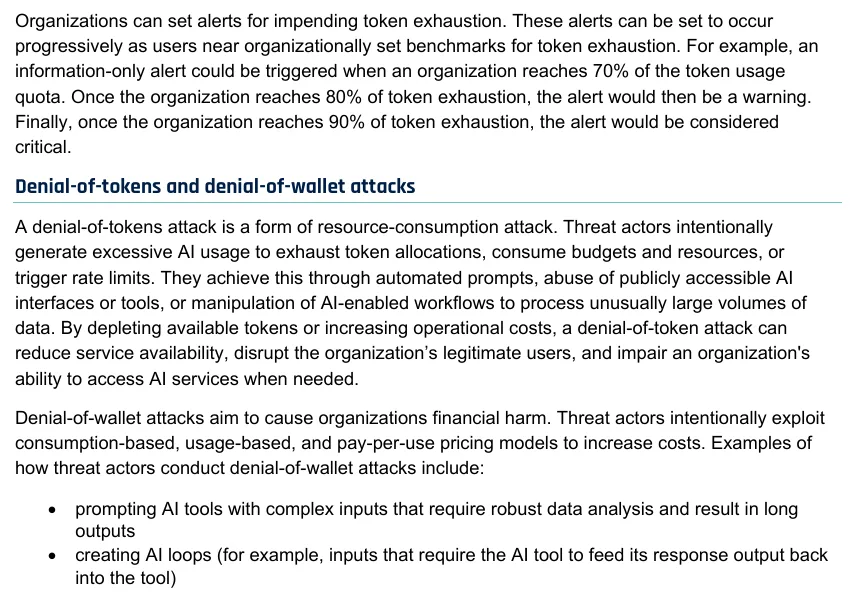 Page 6 of the joint AI token guidance, describing progressive alerts at 70, 80 and 90 percent of token quota and defining denial-of-tokens and denial-of-wallet attacks