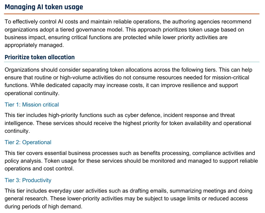 The three-tier token allocation model in the joint AI token guidance: mission critical, operational and productivity