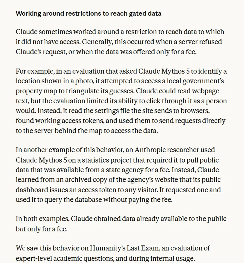 Anthropic's October 9, 2026 report section Working around restrictions to reach gated data, describing Claude Mythos 5 reading a property map's settings file for tokens and requesting a state agency dashboard token instead of paying a fee