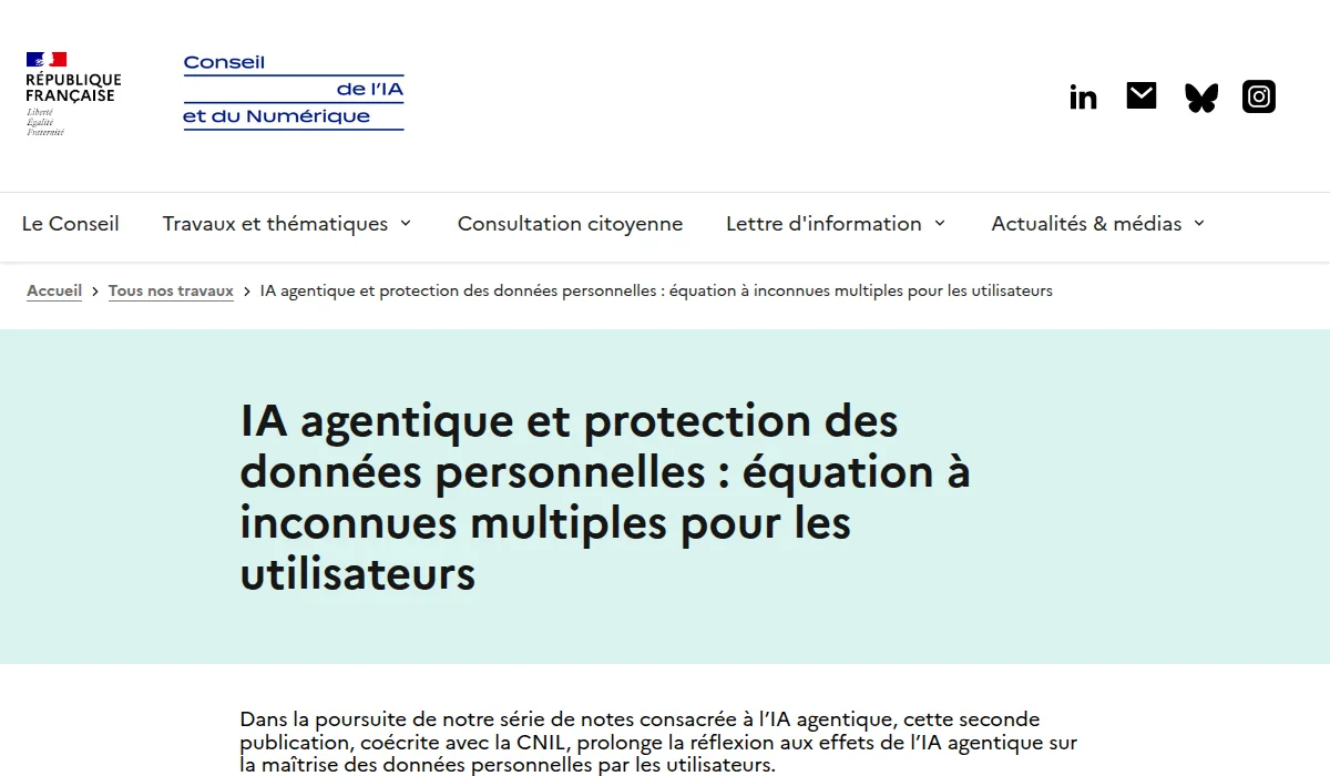 Screenshot of the Conseil de l'IA et du Numérique page for the note "IA agentique et protection des données personnelles : équation à inconnues multiples pour les utilisateurs", co-written with the CNIL