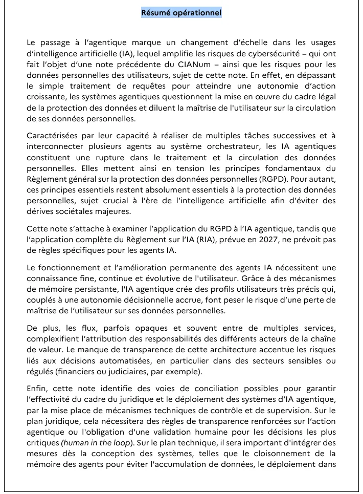 Excerpt from page 1 of the CIANum and CNIL note: the executive summary on persistent memory, opaque data flows between services, and safeguards such as memory compartmentalisation and a kill switch