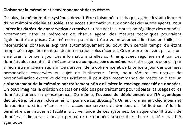 Excerpt from page 14 of the note: memory should be compartmentalised, each agent with its own isolated memory, entries could expire automatically, and the deployment environment should be sandboxed
