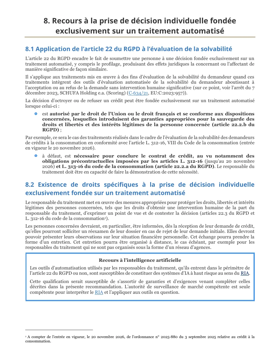 Section 8 of CNIL's credit recommendation on decisions based solely on automated processing, with the box on artificial intelligence saying the competent market surveillance authority alone interprets the AI Act