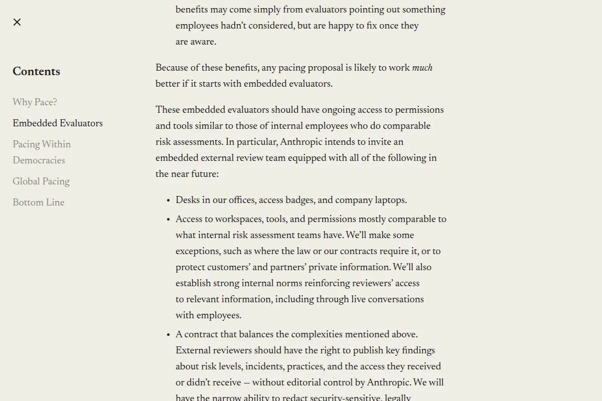 Amodei's essay listing what Anthropic's embedded review team will get: desks, access badges, company laptops, access comparable to internal risk teams, and a contract with publication rights