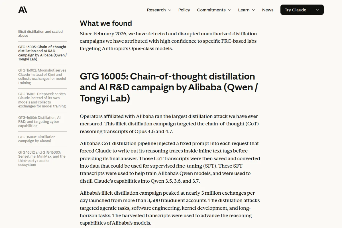 Anthropic's September 2026 threat report section on a chain-of-thought distillation campaign attributed to Alibaba's Qwen team