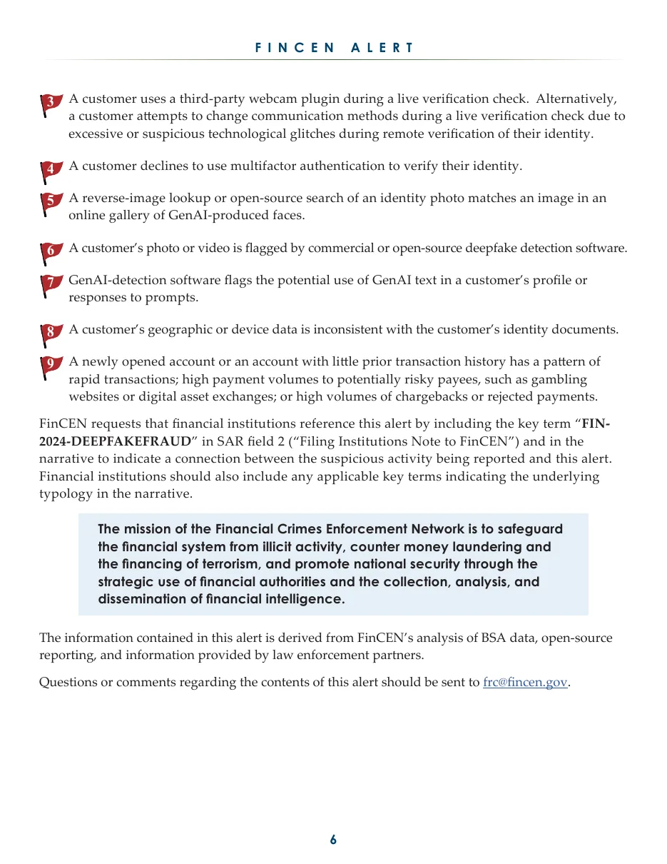 Page five of FinCEN alert FIN-2024-Alert004 on fraud schemes involving deepfake media, with the section on deepfakes in phishing attacks and scams and the first red flag indicators