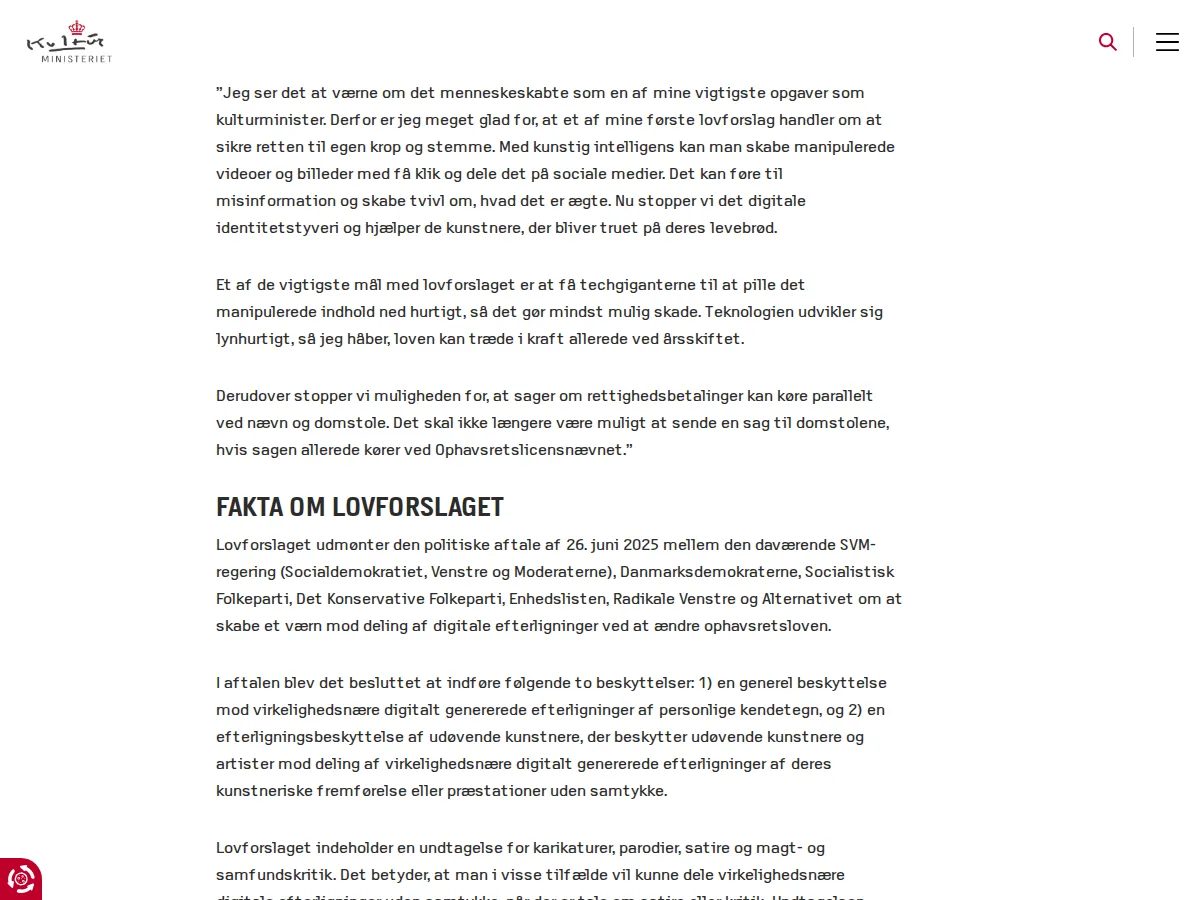 Screenshot of the Fakta om lovforslaget section of the Danish Ministry of Culture press release, listing the June 26, 2025 political agreement and the two protections
