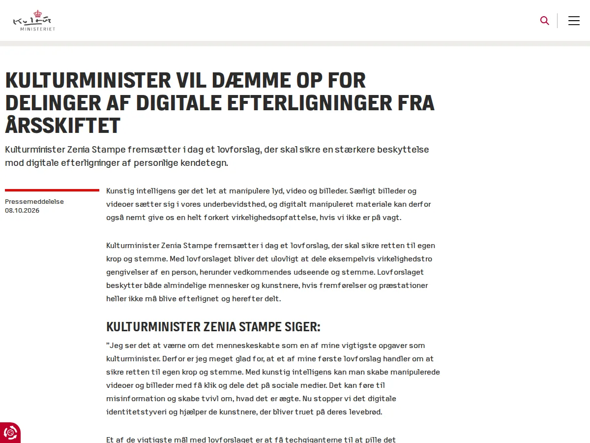 Screenshot of the Danish Ministry of Culture press release dated 08.10.2026, headed that the culture minister wants to curb sharing of digital imitations from the turn of the year