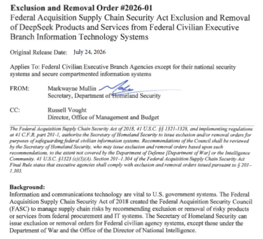 First page of DHS Exclusion and Removal Order 2026-01 on DeepSeek, showing the July 24, 2026 release date, Secretary Markwayne Mullin's signature and the scope line