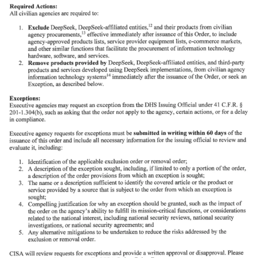 The Required Actions and Exceptions sections of DHS Order 2026-01, telling civilian agencies to exclude and remove DeepSeek products and setting a 60-day window for exception requests