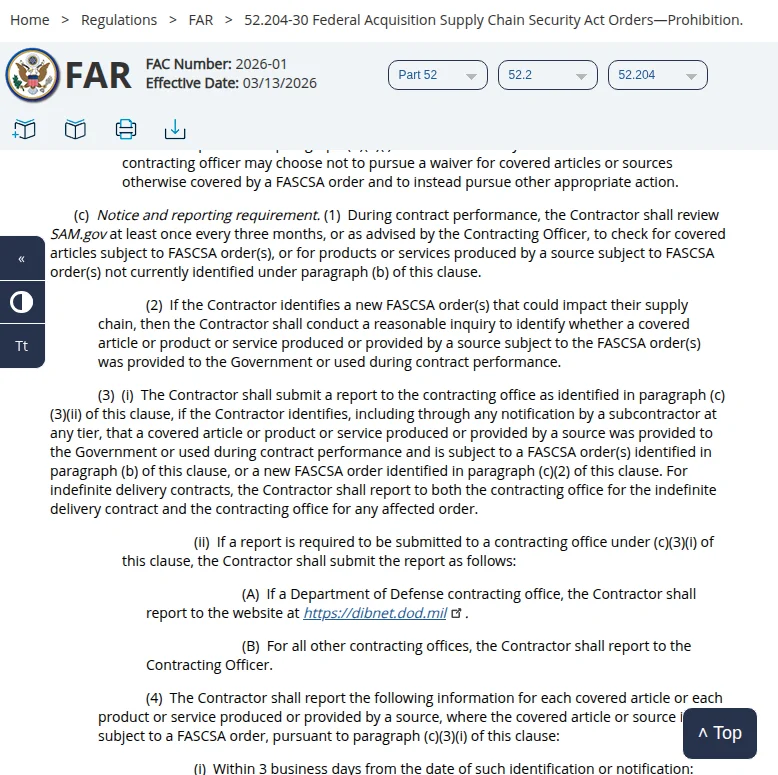 FAR 52.204-30 paragraph (c) on acquisition.gov, the notice and reporting requirement for FASCSA orders