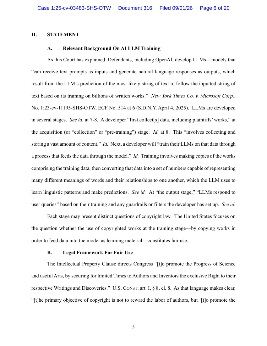 Page 6 of the DOJ Statement of Interest, saying each stage of LLM development may present distinct copyright questions and that the United States focuses on the training stage
