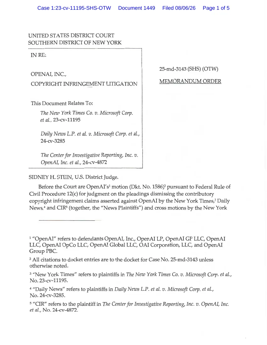 First page of Judge Stein's August 6, 2026 memorandum order in In re OpenAI Copyright Infringement Litigation