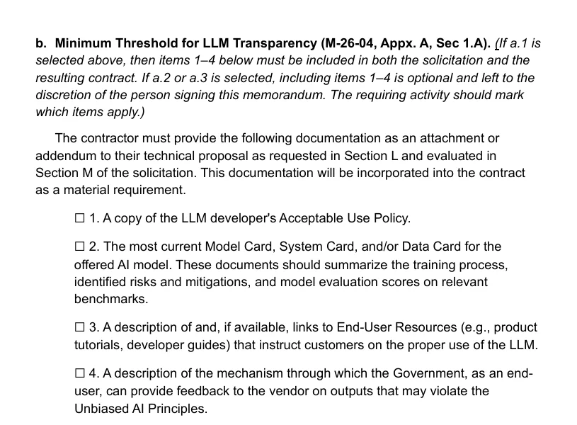 The Department of War template's minimum threshold for LLM transparency, listing four documents: the developer's Acceptable Use Policy, the most current model or system card, end-user resources and a feedback mechanism
