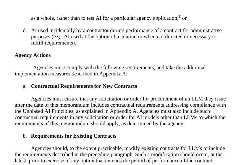 OMB Memorandum M-26-04, page 3: the memo does not govern AI used incidentally by a contractor for administrative purposes; new LLM solicitations must include Unbiased AI Principles requirements