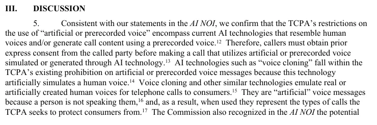 FCC 24-17 declaratory ruling, paragraph 5: TCPA restrictions on artificial or prerecorded voice encompass current AI technologies that resemble human voices