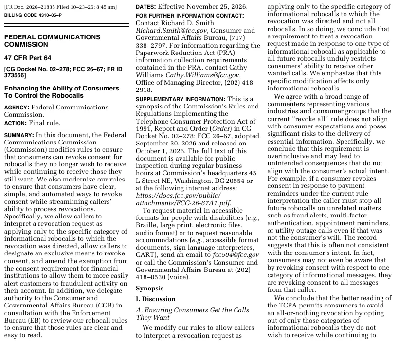 Federal Register page 67214, October 26, 2026: FCC final rule Enhancing the Ability of Consumers To Control the Robocalls, CG Docket No. 02-278, effective November 25, 2026