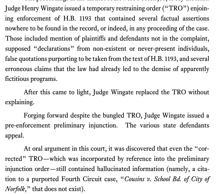 Page 3 of the Fifth Circuit opinion in Jackson Federation of Teachers v. Fitch, No. 25-60496, calling the district court proceedings a botch job and describing the hallucinated TRO and the nonexistent Cousins citation