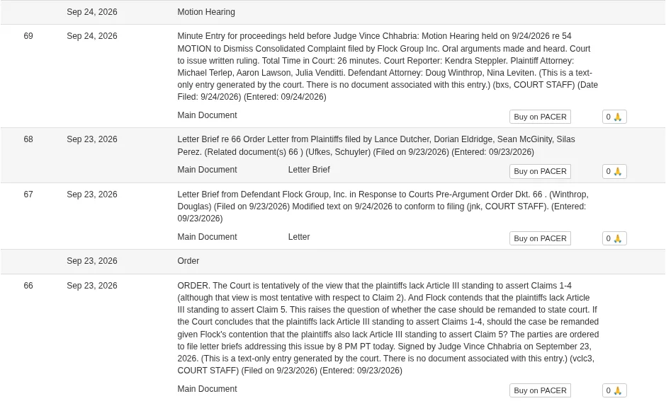 CourtListener docket entries in In re Flock Group Inc. ALPR Litigation, showing the September 23, 2026 standing order and September 24 hearing, representing the open status of the vendor lawsuit