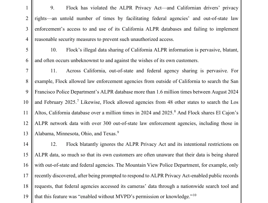 A page of the Javorsky v. Flock class action complaint listing out-of-state searches, representing the out-of-state search counts alleged against the vendor