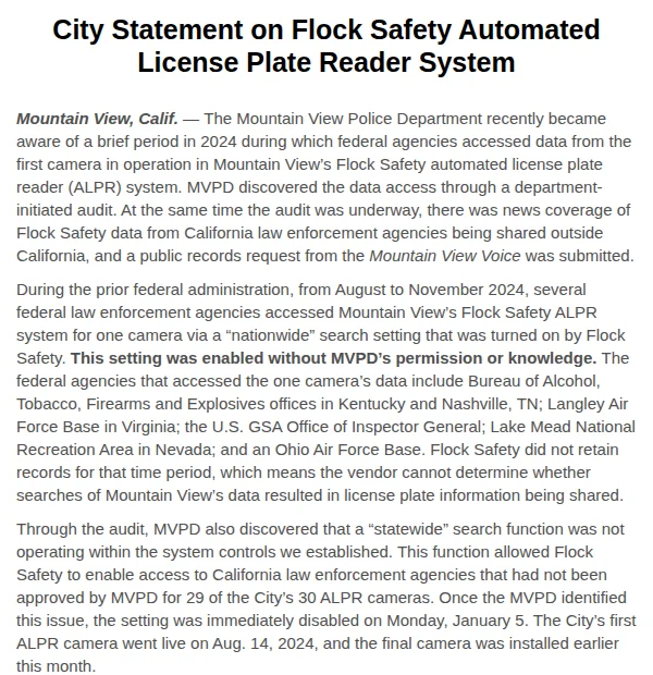 City of Mountain View statement of January 30, 2026 on Flock Safety ALPR data access, representing a vendor setting enabled without the customer's knowledge