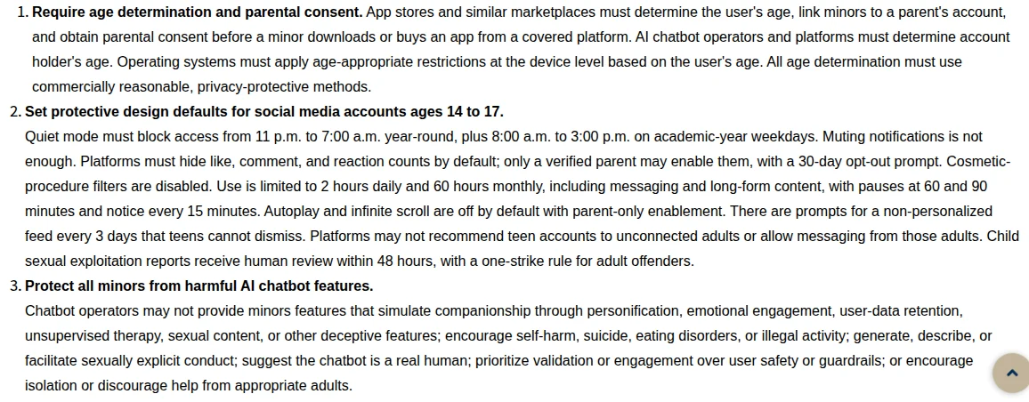 The Florida Attorney General's October 22, 2026 release listing the Safe Screens Act's age determination rules, teen defaults and the AI chatbot features it would bar for minors
