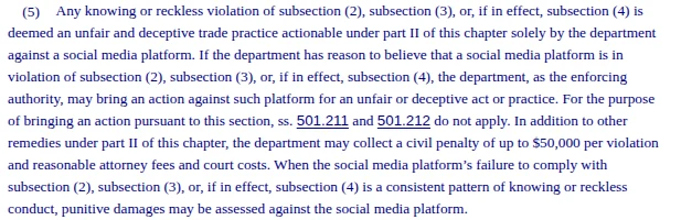 Subsection 5 of section 501.1736, Florida Statutes: knowing or reckless violations are unfair and deceptive trade practices, with civil penalties of up to $50,000 per violation