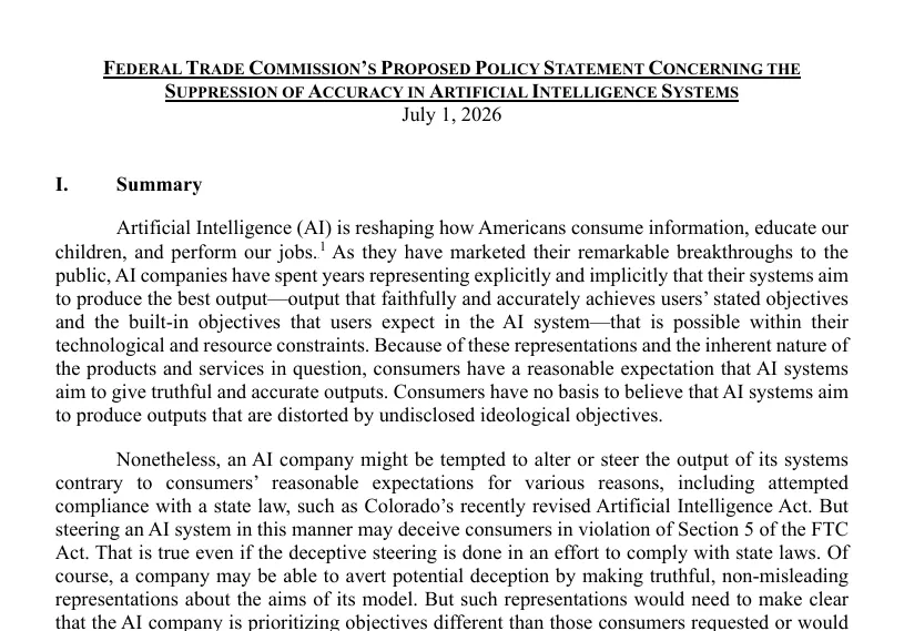 Page 1 of the FTC's proposed policy statement on the suppression of accuracy in AI systems, dated July 1, 2026, naming Colorado's recently revised Artificial Intelligence Act