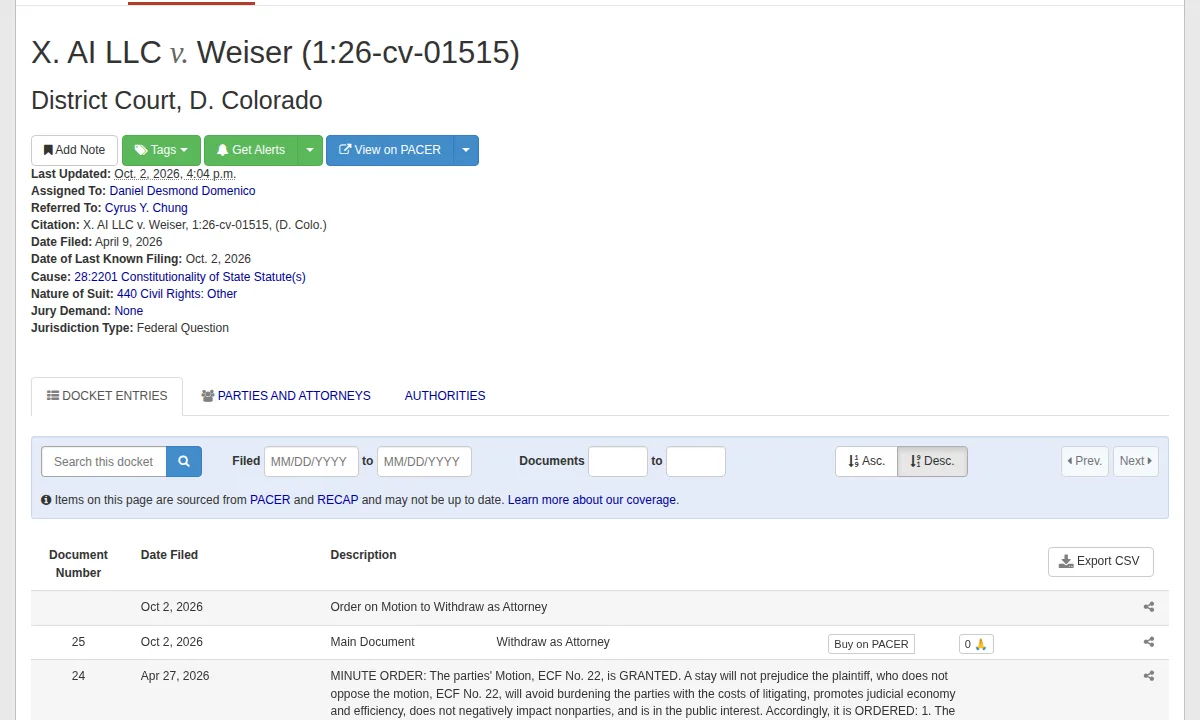 CourtListener docket for X. AI LLC v. Weiser, 1:26-cv-01515, District of Colorado, showing date filed April 9, 2026 and last known filing October 2, 2026