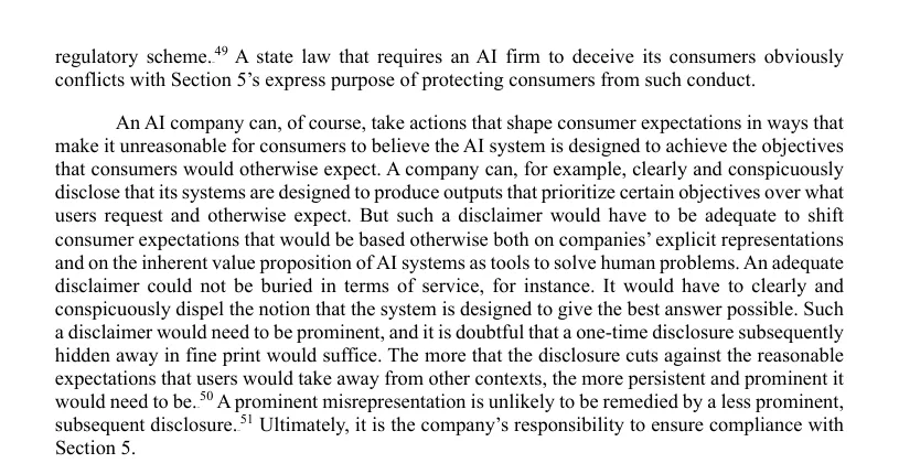 Page 9 of the FTC's proposed AI accuracy policy statement, saying an adequate disclaimer could not be buried in terms of service